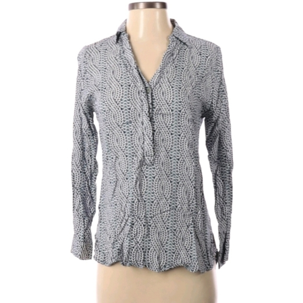 Escapada Tunic Top Sz XS Blue Green Botanical Roll Tab Sleeves Boho Festival